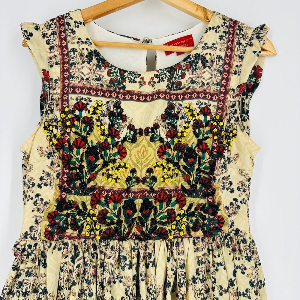 Bhanu By Jyoti Cream Floral Embroidered Beaded Sleeveless Ruffle Midi Dress 6 - Picture 3 of 12